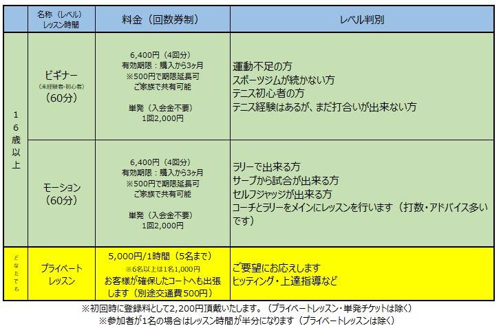 料金表・レベル判別表